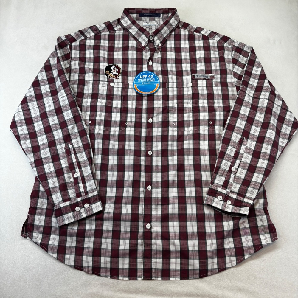 Columbia Super Tamiami Shirt Mens‎ XXL Garnet Plaid FSU Seminoles PFG UPF 40 NWT